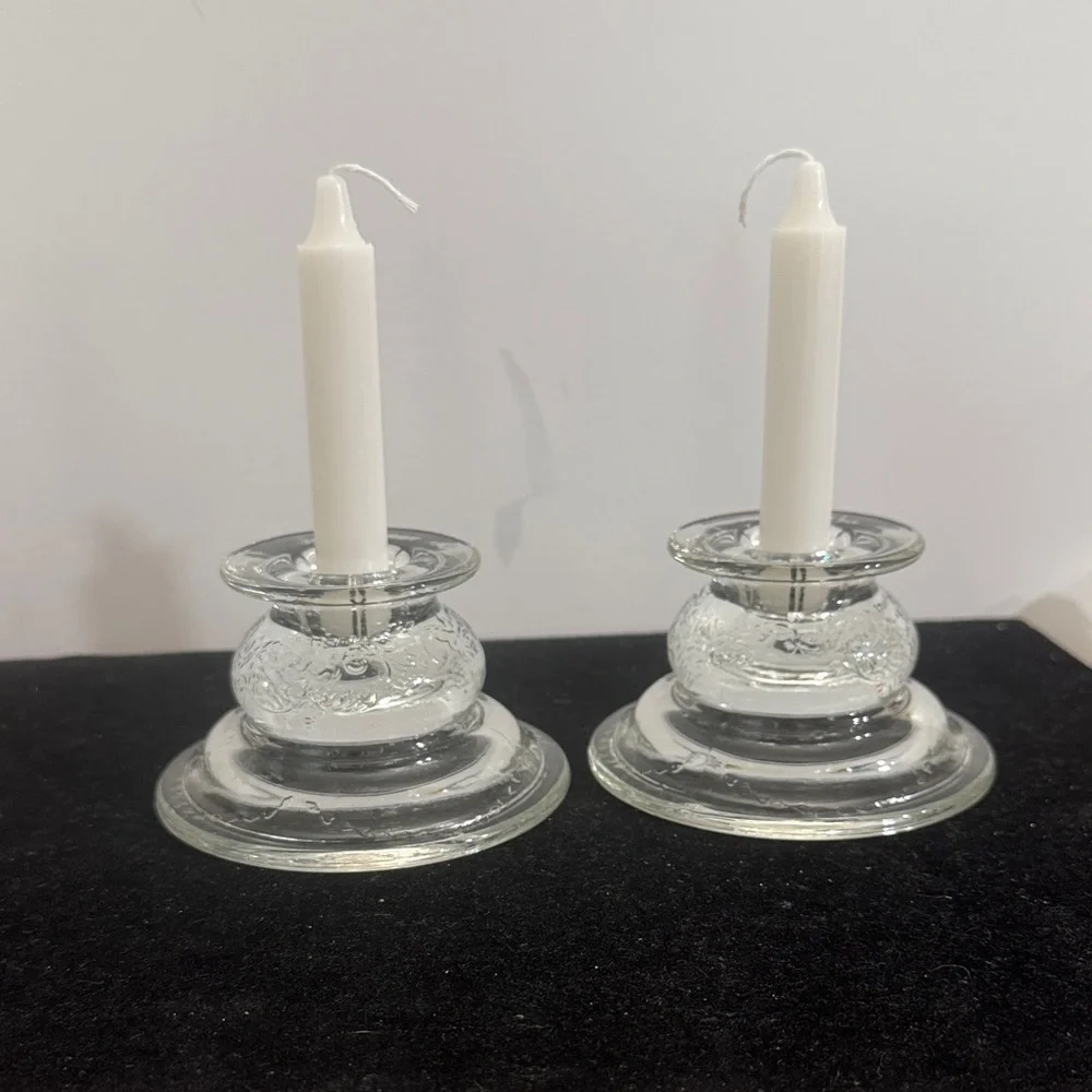 Pair of 1980s Indiana Glass Recollection clear candle holders